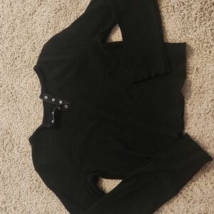 Waffle Knit Black Top with Buttons and Lettuce Trim Size Small